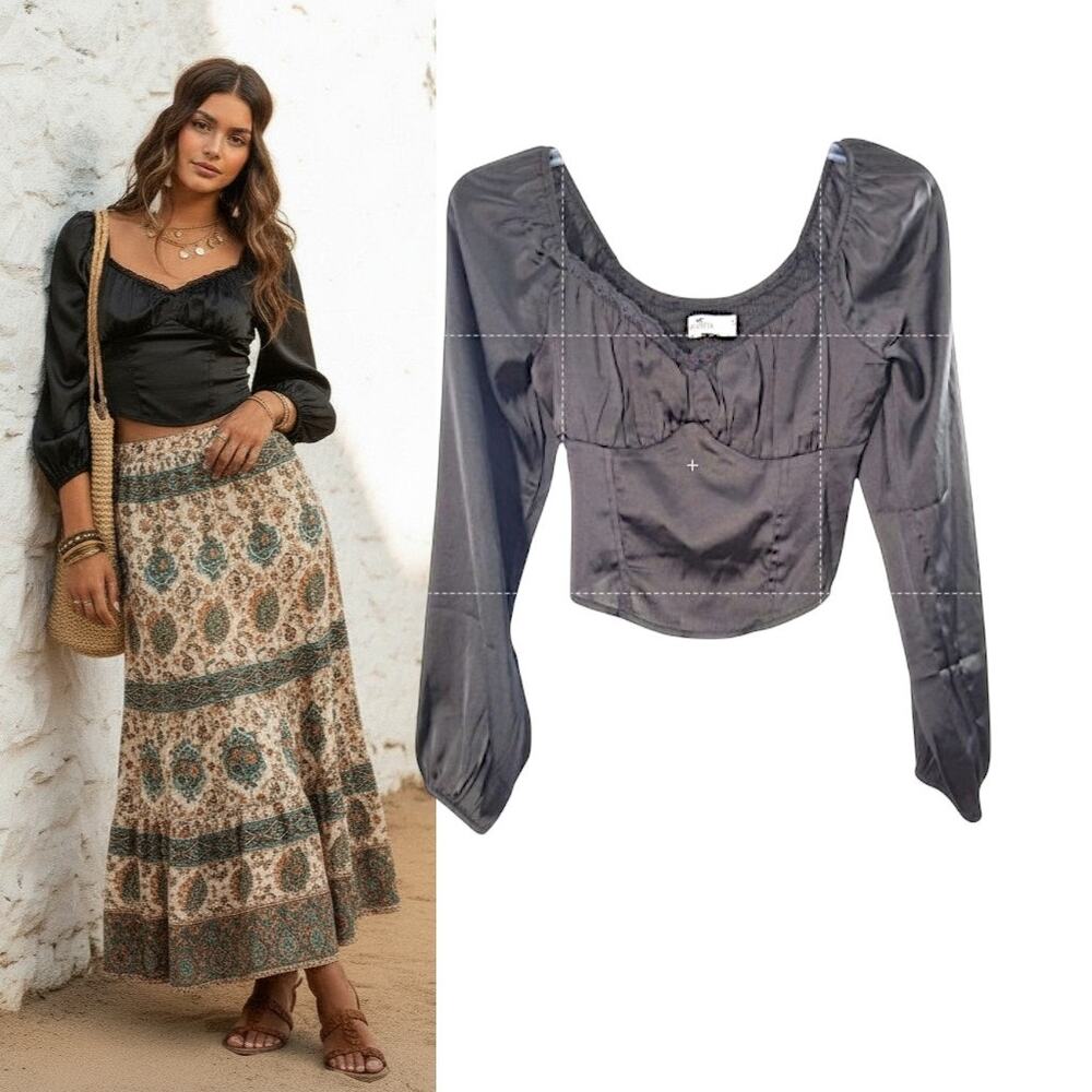 Hollister Babydoll Top S Black Satin Lace Trim Long Sleeve Fairycore Goth Puff